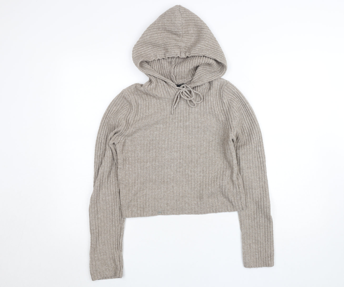 Stradivarius Women’s Beige Hooded Rib Knit Pullover Jumper Size S