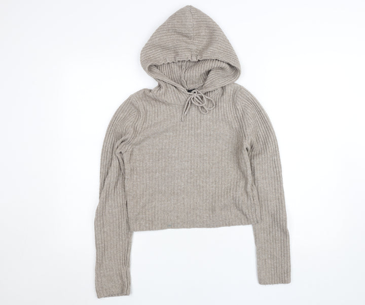 Stradivarius Women’s Beige Hooded Rib Knit Pullover Jumper Size S