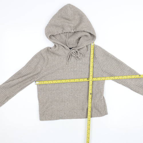 Stradivarius Women’s Beige Hooded Rib Knit Pullover Jumper Size S