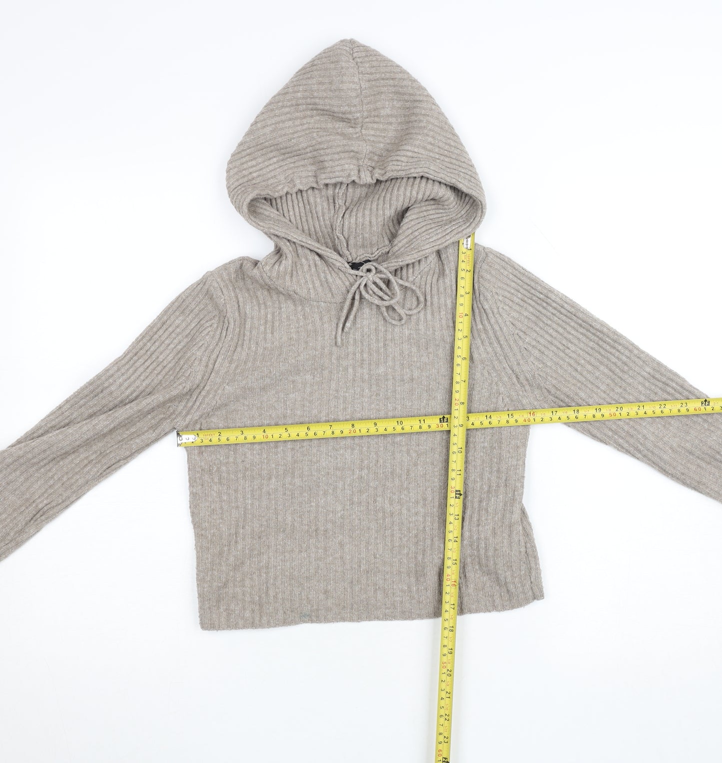 Stradivarius Women’s Beige Hooded Rib Knit Pullover Jumper Size S