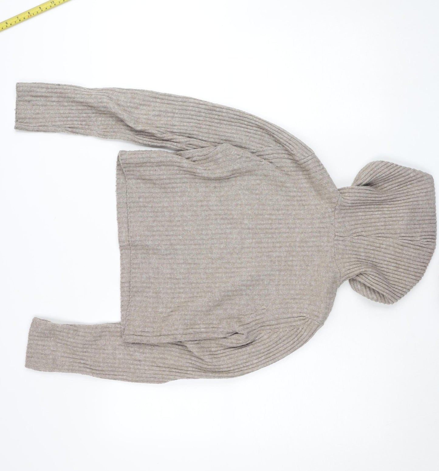 Stradivarius Women’s Beige Hooded Rib Knit Pullover Jumper Size S