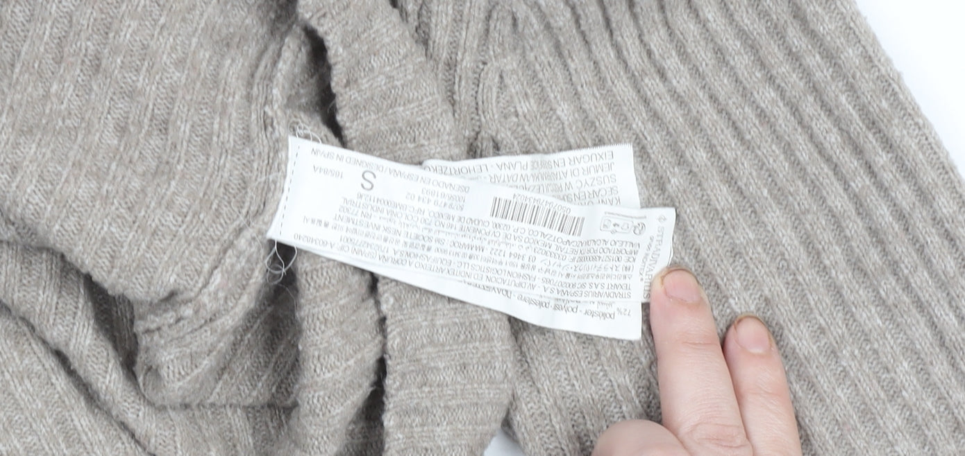 Stradivarius Women’s Beige Hooded Rib Knit Pullover Jumper Size S
