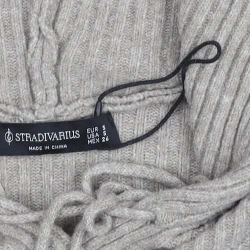 Stradivarius Women’s Beige Hooded Rib Knit Pullover Jumper Size S