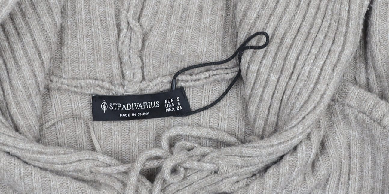 Stradivarius Women’s Beige Hooded Rib Knit Pullover Jumper Size S