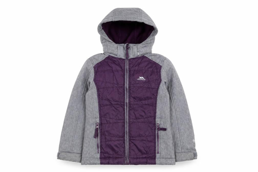 Front view of Trespass girls’ purple softshell hooded jacket 3-4 years wind resistant