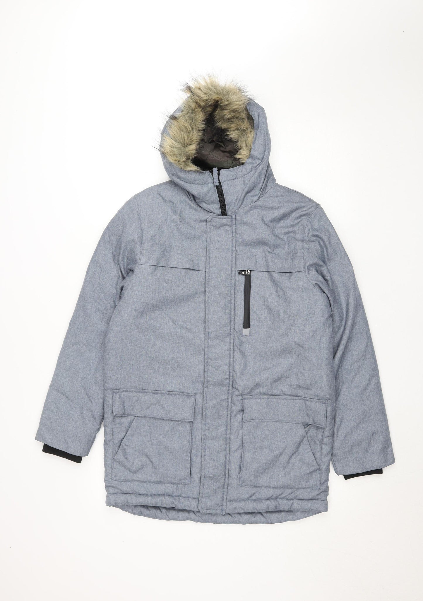 Next Boys Blue Hooded Parka Coat 12 Years Quilted Faux Fur Winter Jacket