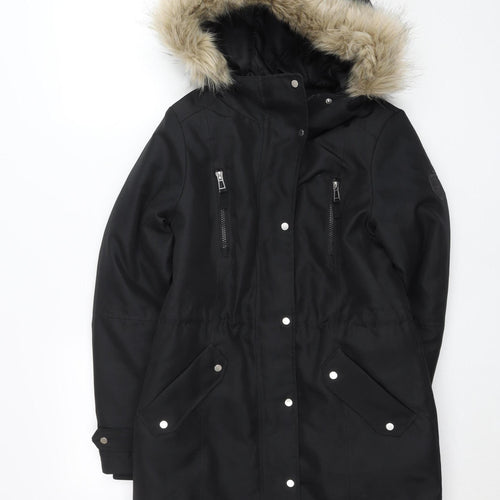 Vero Moda Womens Black Long Parka Coat Faux Fur Hood Size S