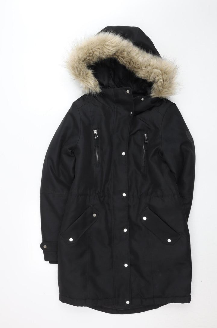 Vero Moda Womens Black Long Parka Coat Faux Fur Hood Size S