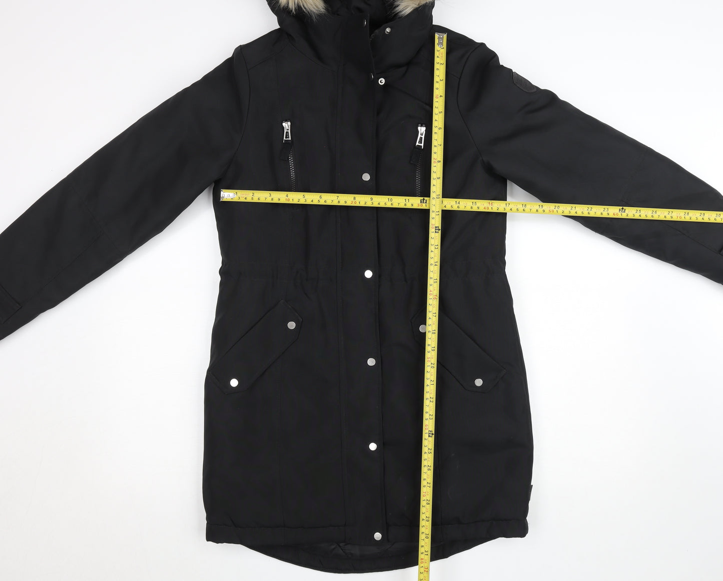 Vero Moda Womens Black Long Parka Coat Faux Fur Hood Size S