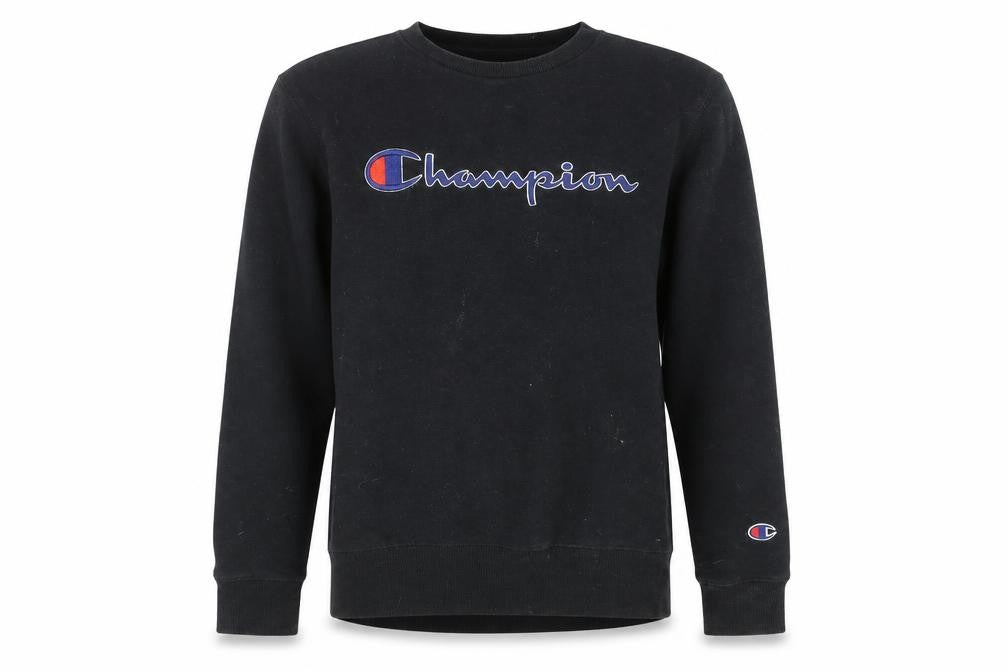 Front view of Champion boys’ black fleece pullover sweatshirt m logo crew neck