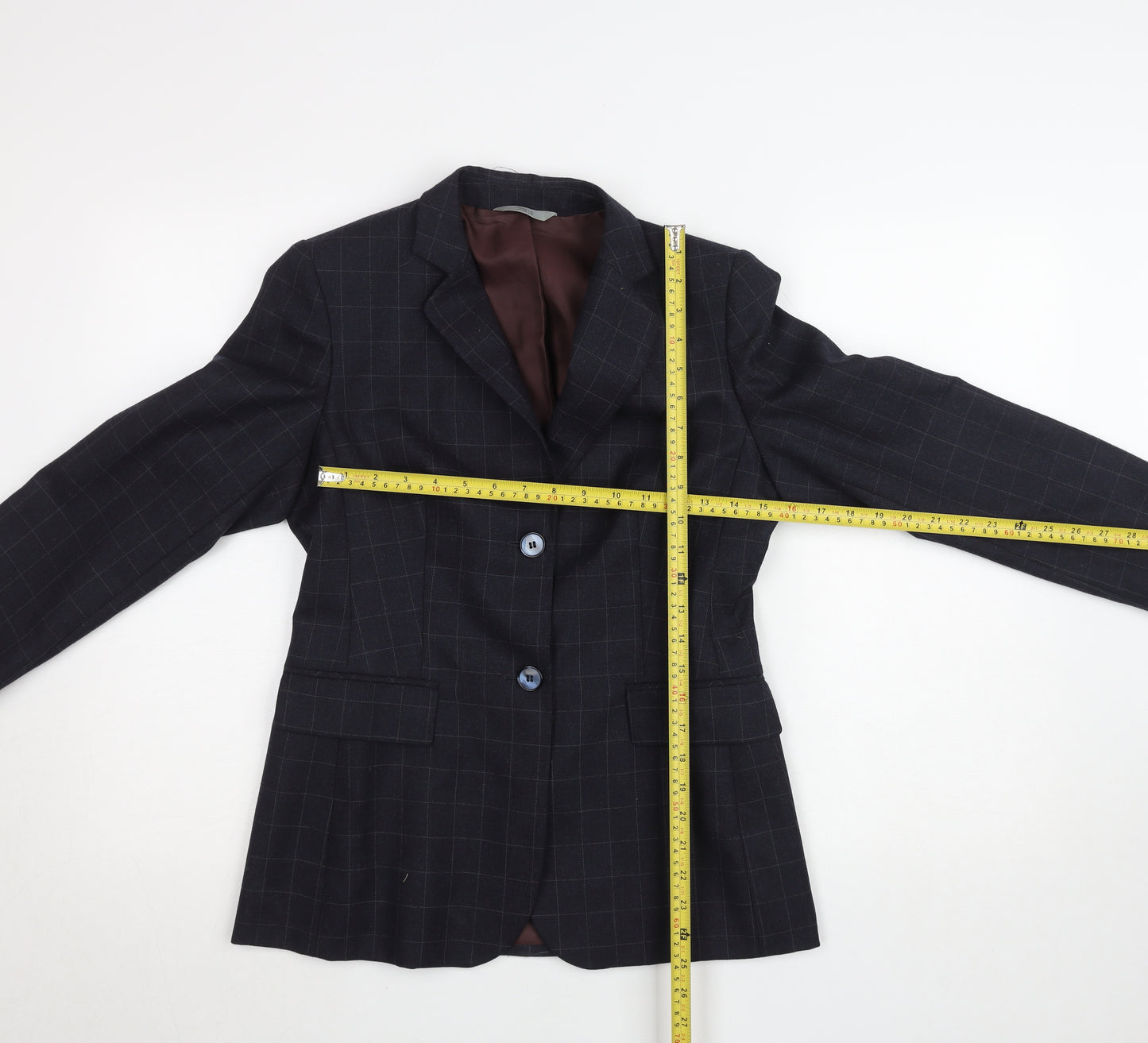 Marks and Spencer Women's Blue Wool Blend Petite Checked Suit UK 8