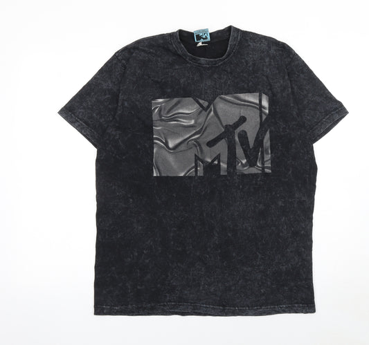 MTV Men's Black Acid Wash Graphic Print Crew Neck T-Shirt M Cotton