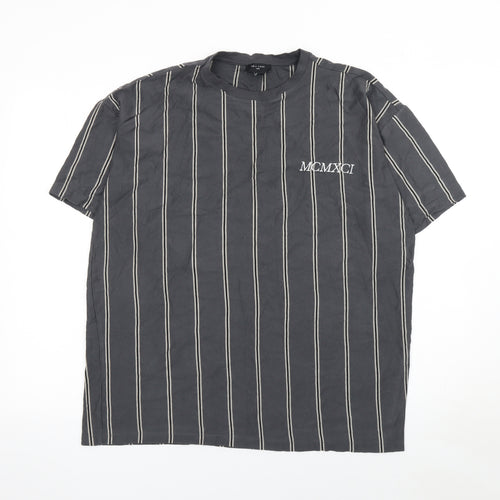 New Look Men’s Black Striped Cotton T-Shirt M Classic Crew Neck
