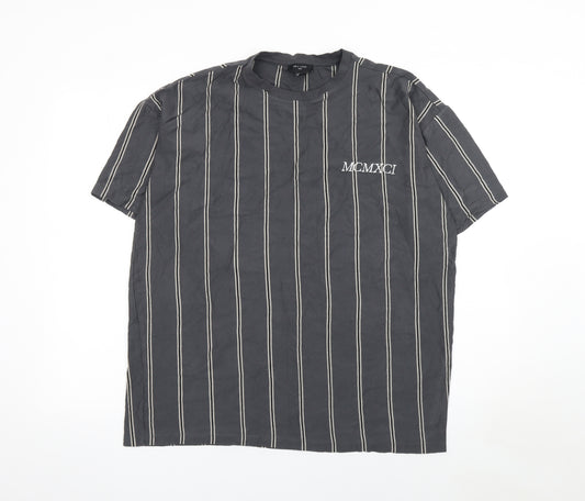 New Look Men’s Black Striped Cotton T-Shirt M Classic Crew Neck