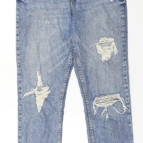 Primark Women Blue Size 8 High Rise Distressed Straight Jeans