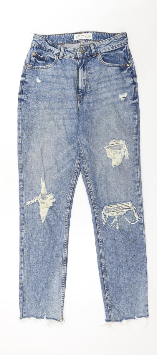 Primark Women Blue Size 8 High Rise Distressed Straight Jeans