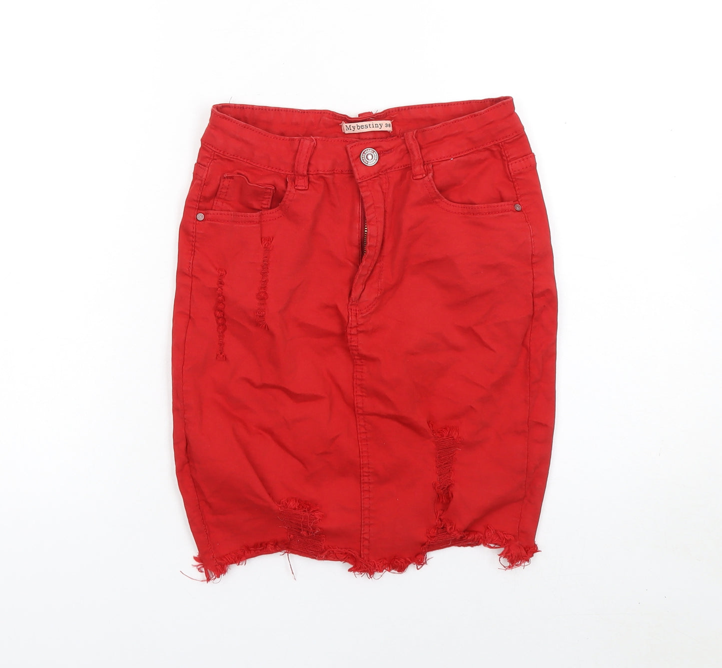 Mybestiny Women's Red Cotton Stretch Denim Pencil Skirt Size 10