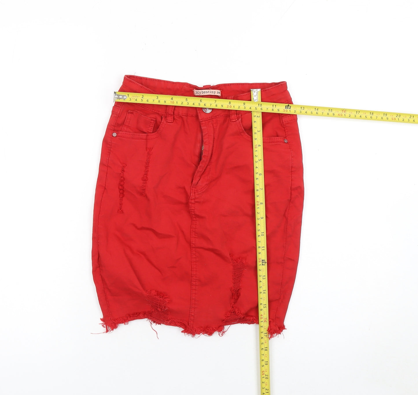 Mybestiny Women's Red Cotton Stretch Denim Pencil Skirt Size 10