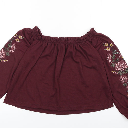 Bershka Womens Red Embroidered Off Shoulder Boho Blouse Size XS