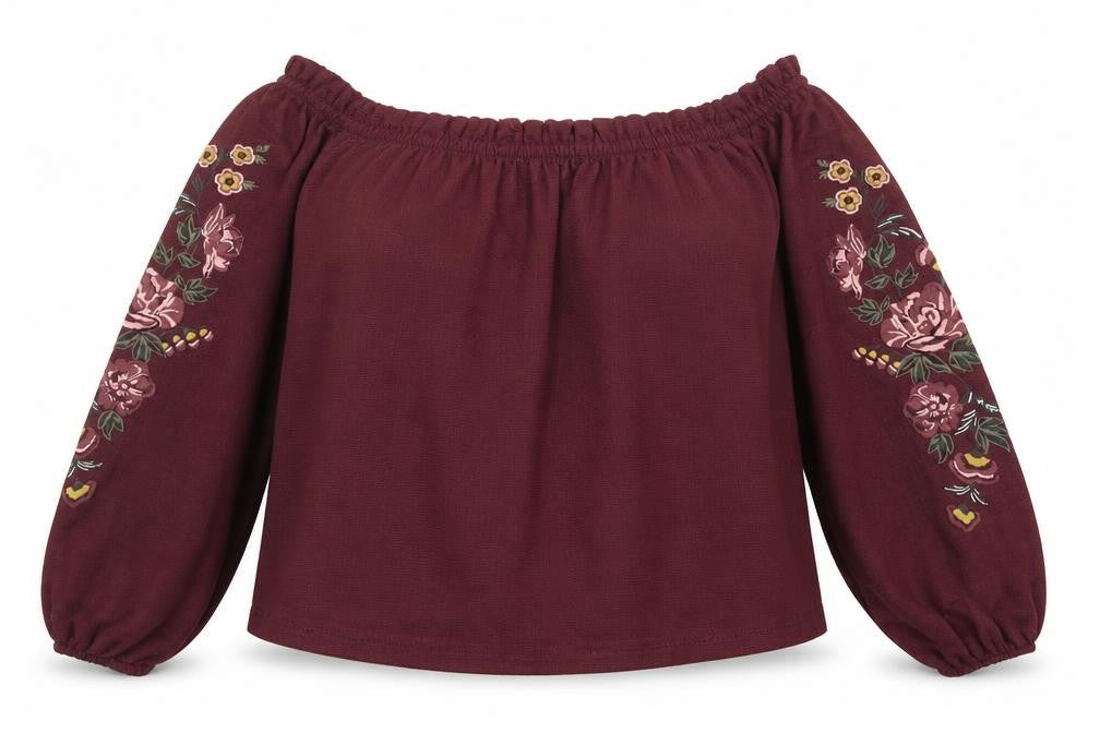 Front view of Bershka women’s red embroidered off shoulder boho blouse, size XS