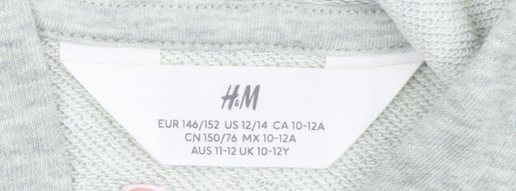 H&M Girls Grey Full Zip Hoodie 11-12 Years Cotton Blend Long Sleeve