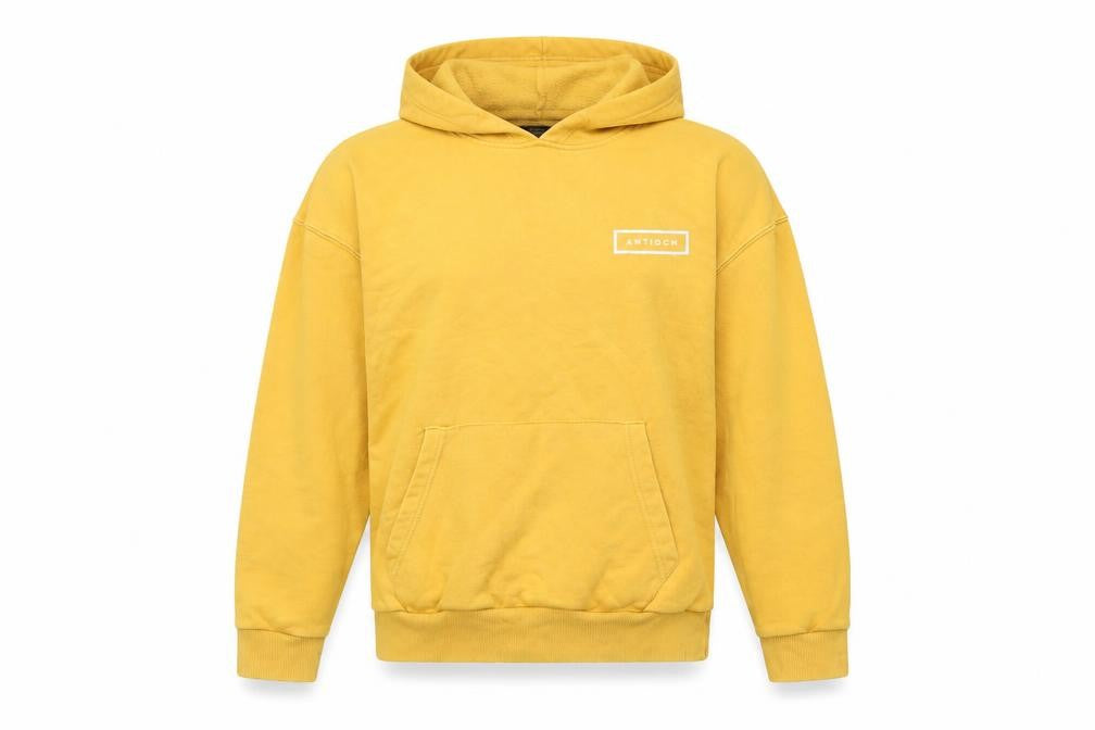 Front view of Antioch Women's Yellow Pullover Hoodie Medium Cotton Casual