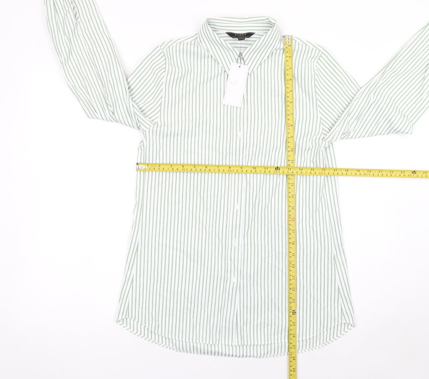 Lipsy Women Green Striped Long Sleeve Button-Up Shirt UK 8