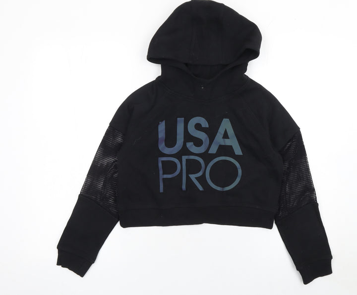 USA Pro Girls Black Cropped Hoodie 11-12 Years Mesh Sleeve Pullover