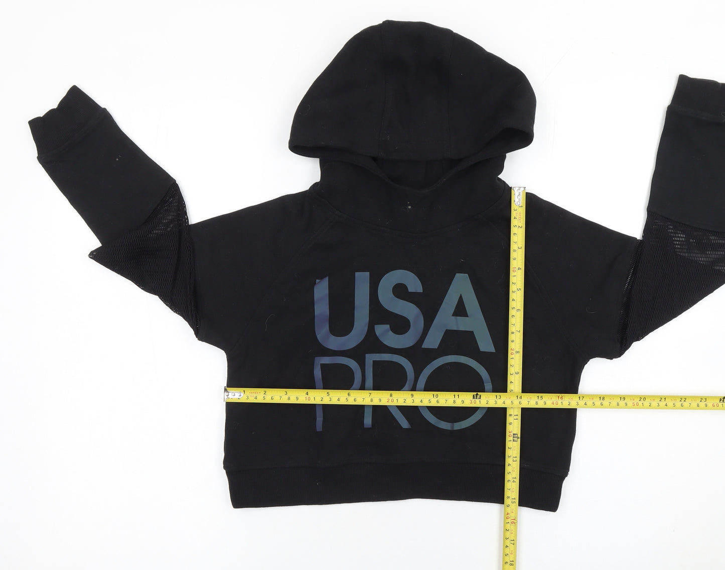 USA Pro Girls Black Cropped Hoodie 11-12 Years Mesh Sleeve Pullover