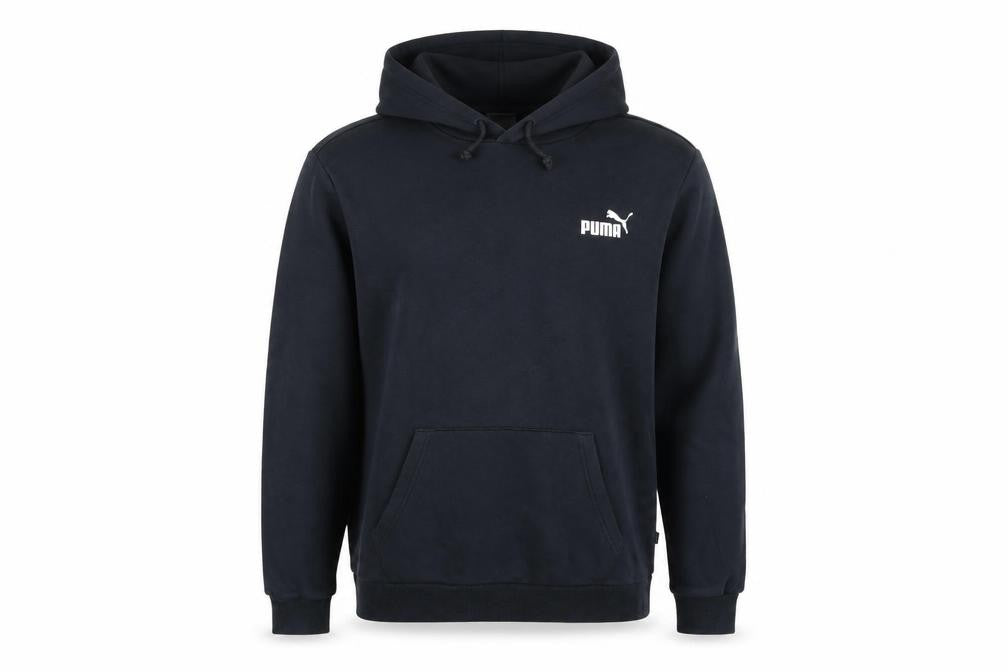 Front view of Puma men’s black pullover hoodie, size L, regular fit logo sports