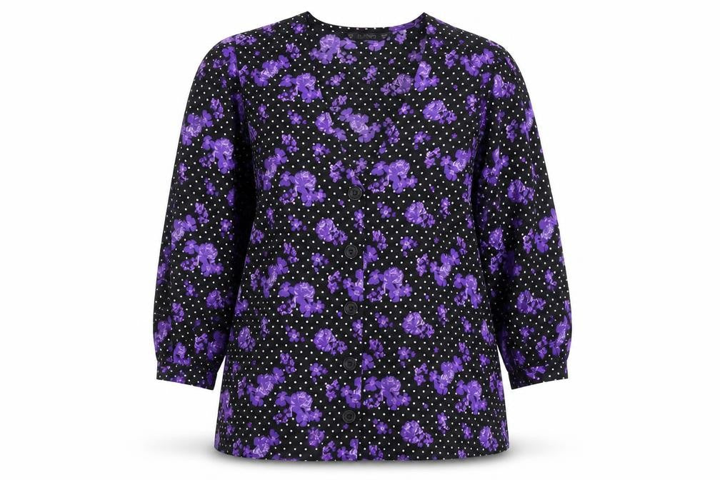 Front view of Dunnes women’s multicoloured floral button blouse, size M