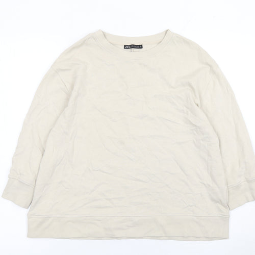 Zara Women Beige Cotton Crew Neck Pullover Sweatshirt M