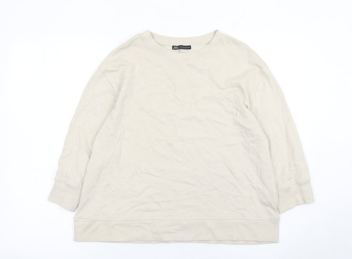 Zara Women Beige Cotton Crew Neck Pullover Sweatshirt M