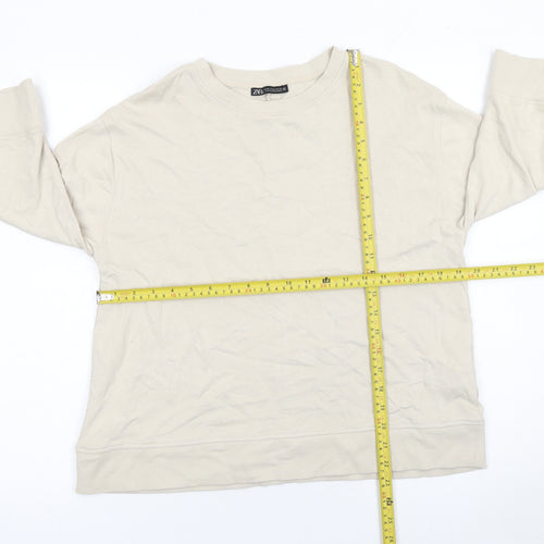 Zara Women Beige Cotton Crew Neck Pullover Sweatshirt M