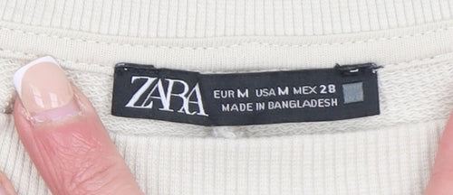 Zara Women Beige Cotton Crew Neck Pullover Sweatshirt M