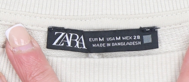 Zara Women Beige Cotton Crew Neck Pullover Sweatshirt M