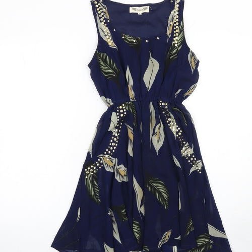 AngelEye Womens Blue Floral Beaded A-Line Sleeveless Dress S