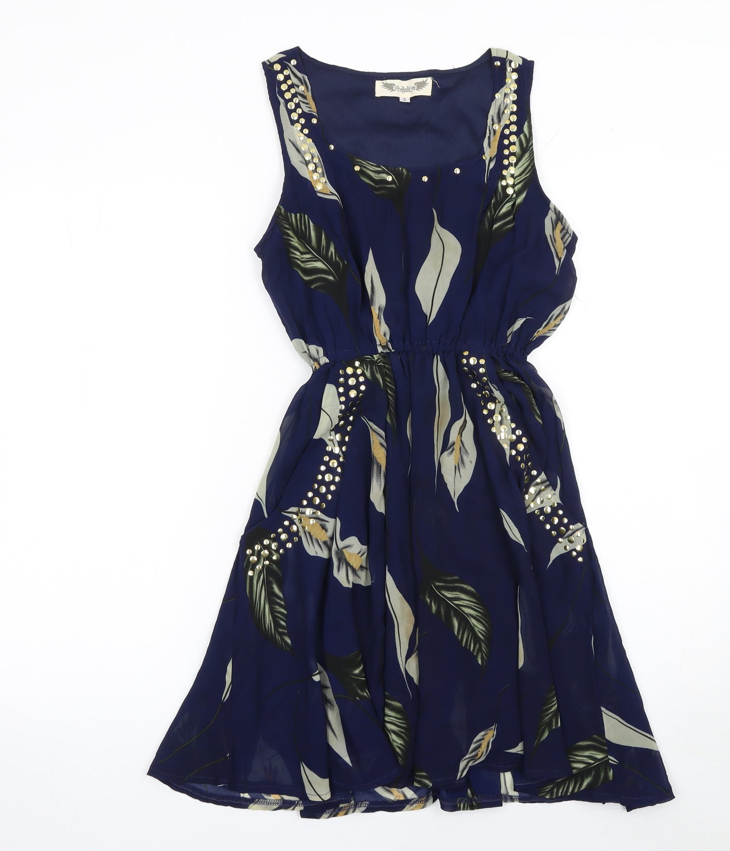 AngelEye Womens Blue Floral Beaded A-Line Sleeveless Dress S