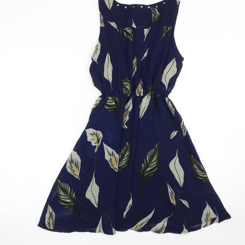 AngelEye Womens Blue Floral Beaded A-Line Sleeveless Dress S