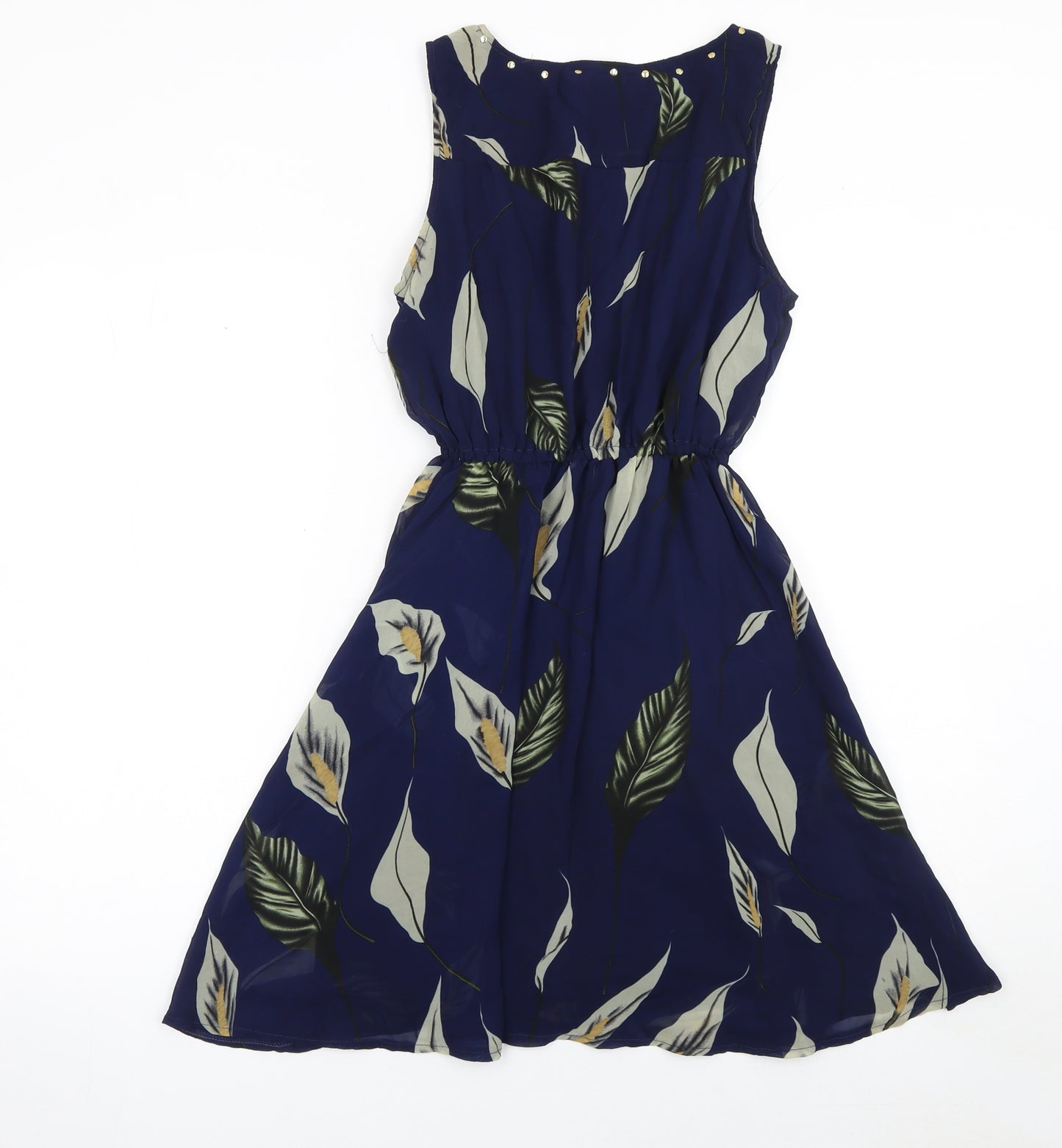 AngelEye Womens Blue Floral Beaded A-Line Sleeveless Dress S