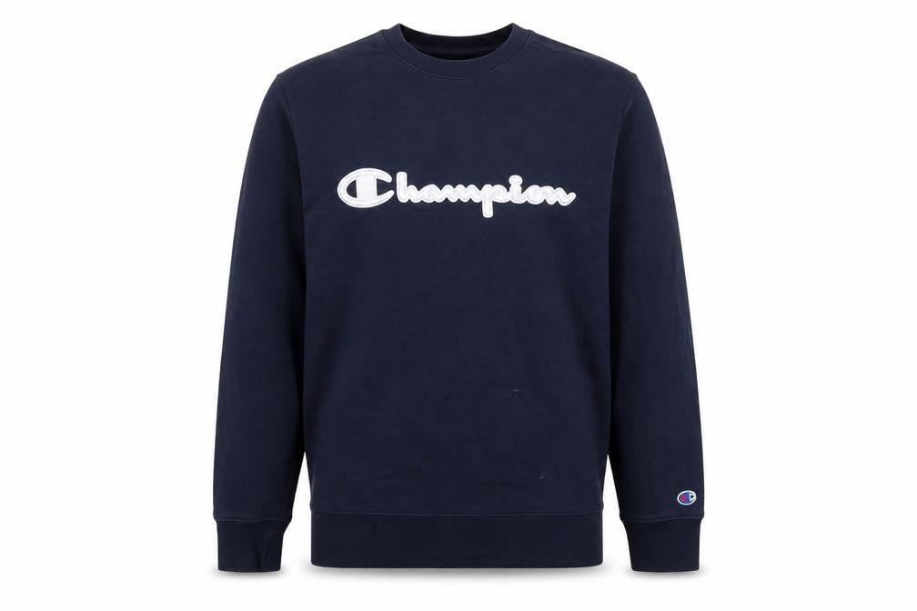 Front view of Champion Men's Blue Pullover Sweatshirt S Logo Crew Neck