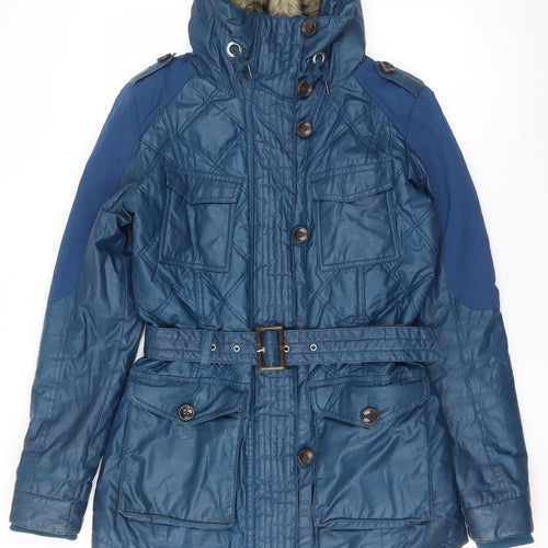 Next Womens Blue Hooded Belted Parka Jacket Size 10