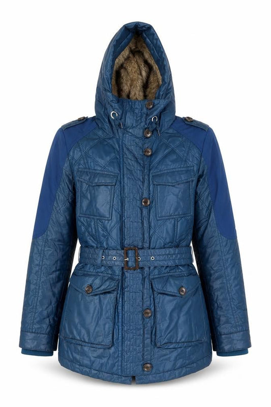 Front view of Next women’s blue hooded belted parka jacket, size UK 10