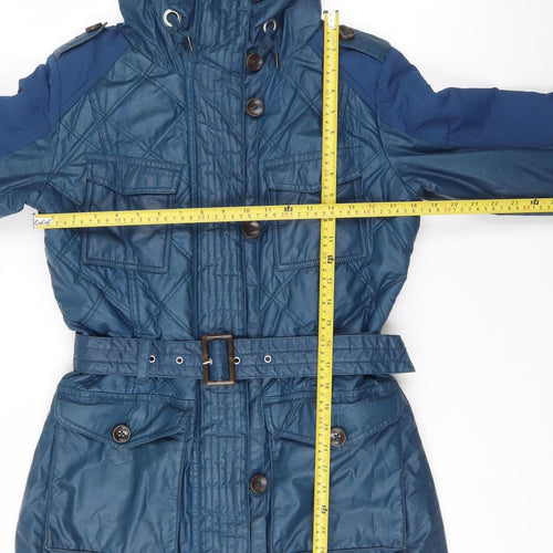 Next Womens Blue Hooded Belted Parka Jacket Size 10