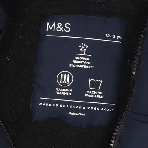Marks and Spencer Boys Blue Hooded Puffer Jacket 12-13 Years Shower Resistant