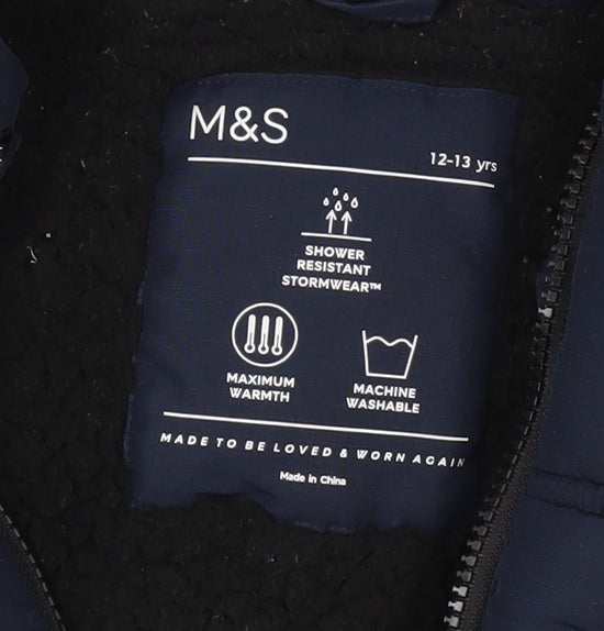 Marks and Spencer Boys Blue Hooded Puffer Jacket 12-13 Years Shower Resistant