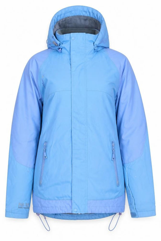Front view of Koko Pink women’s blue waterproof hooded parka jacket, size UK 12