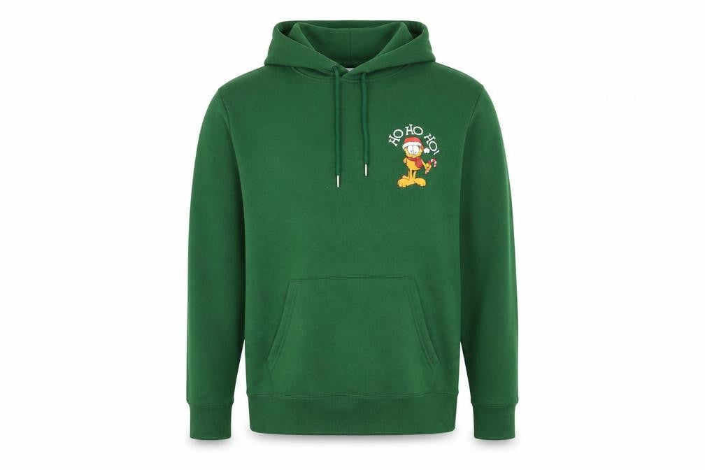 Front view of Garfield Men's Green XL Pullover Hoodie Christmas Graphic Sweatshirt