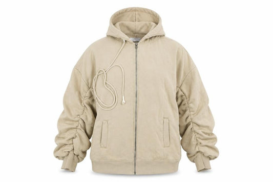 Front view of RE_STYLD Women’s Beige Hooded Zip Track Jacket, size UK 10, Cotton Blend