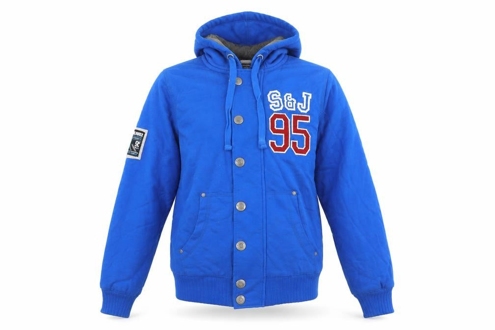 Front view of Smith & Jones Men's Blue L Hooded Casual Varsity Jacket